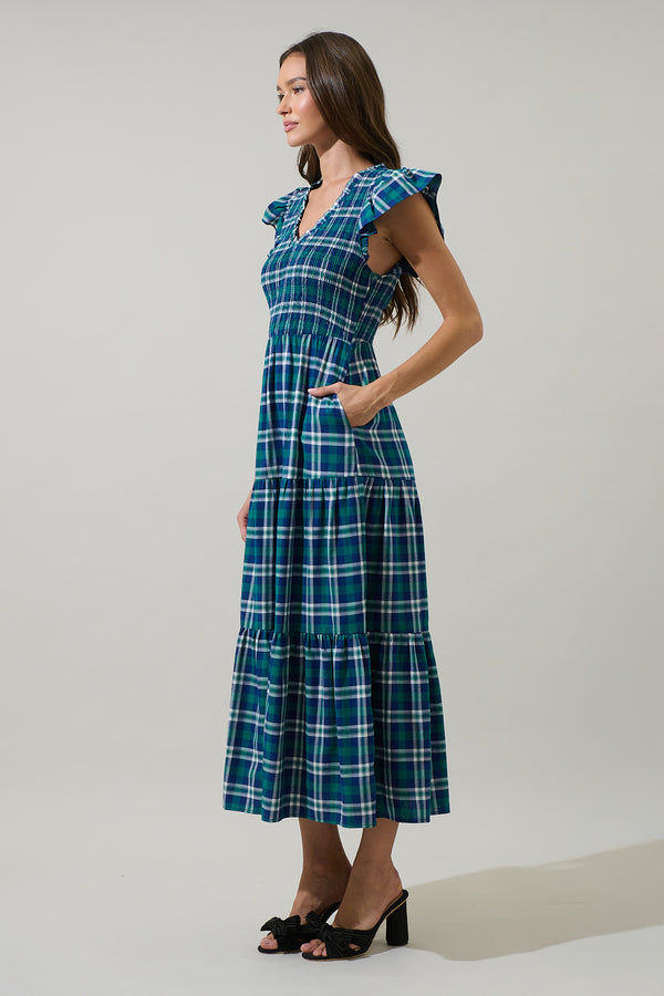 Sugarlips Buckley Plaid Sunfire Smocked Bodice Tiered Midi Dress