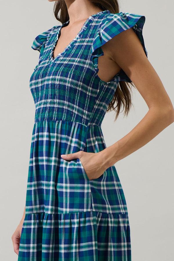 Sugarlips Buckley Plaid Sunfire Smocked Bodice Tiered Midi Dress
