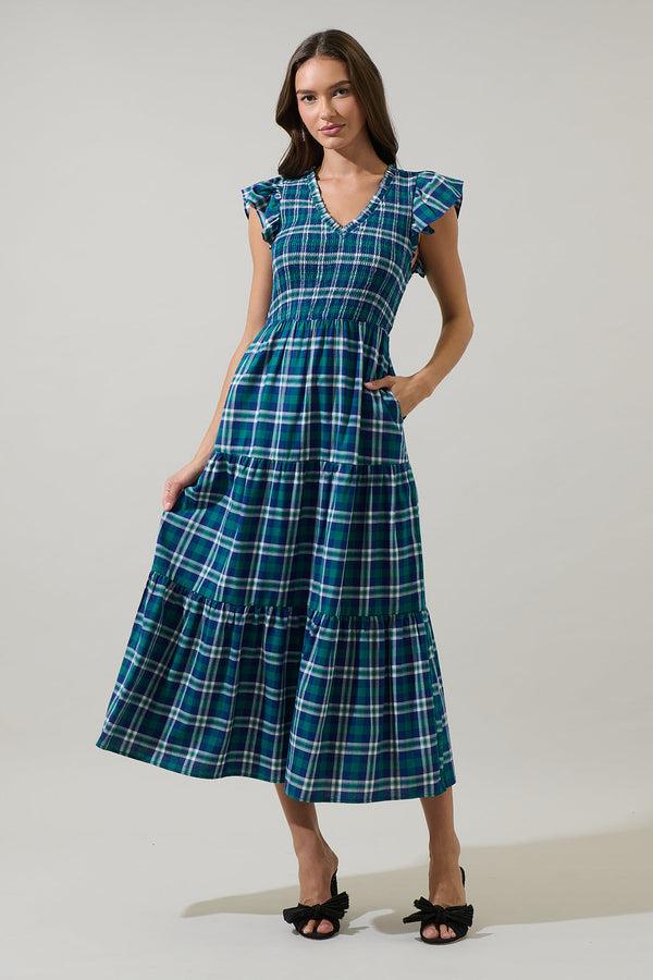 sugarlips Buckley Plaid Sunfire Smocked Bodice Tiered Midi Dress