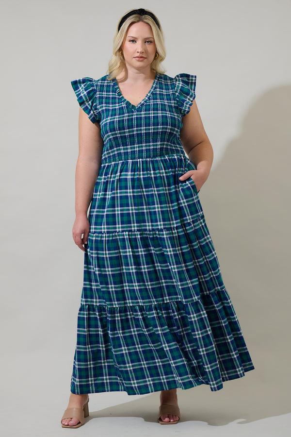 sugarlips Buckley Plaid Sunfire Smocked Bodice Tiered Midi Dress Curve