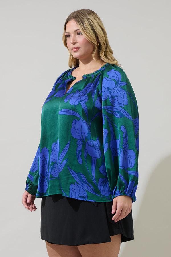 Sugarlips Busbee Floral Alcazar Raglan Sleeve Satin Blouse Curve