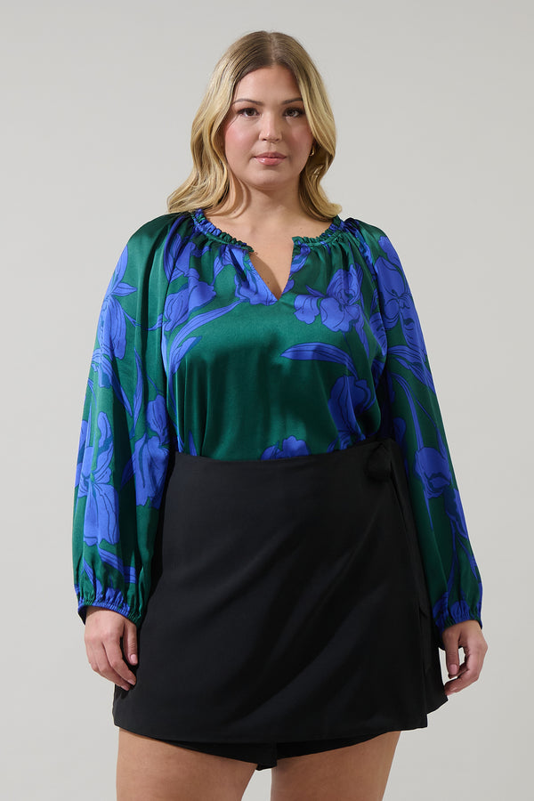 sugarlips Busbee Floral Alcazar Raglan Sleeve Satin Blouse Curve