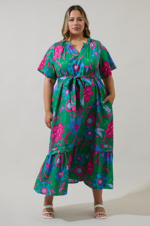 sugarlips Cabina Floral Reya Pleated Midi Dress Curve