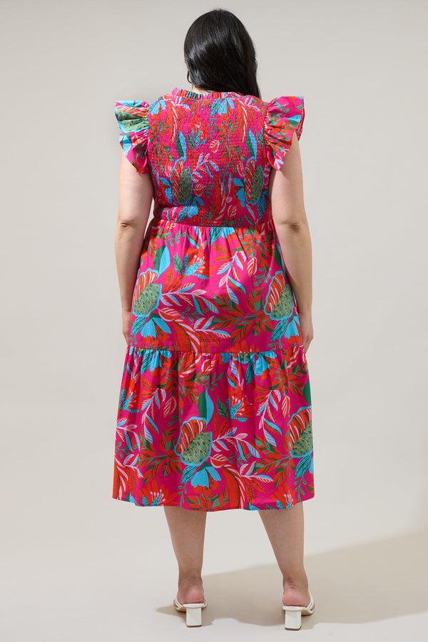 Sugarlips Cactus Blossom Giza Glare Smock Tiered Midi Dress Curve