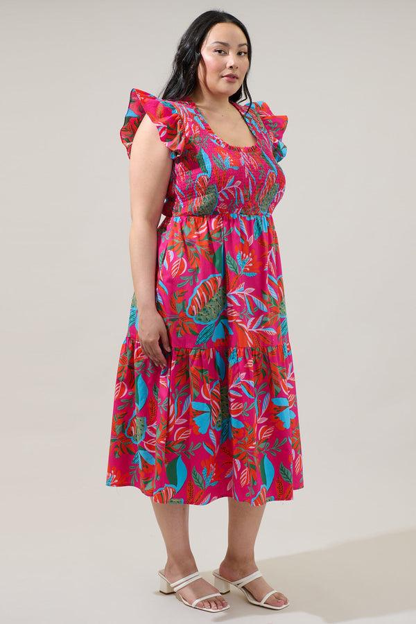 Sugarlips Cactus Blossom Giza Glare Smock Tiered Midi Dress Curve