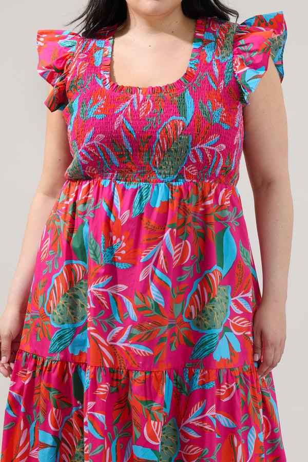 Sugarlips Cactus Blossom Giza Glare Smock Tiered Midi Dress Curve
