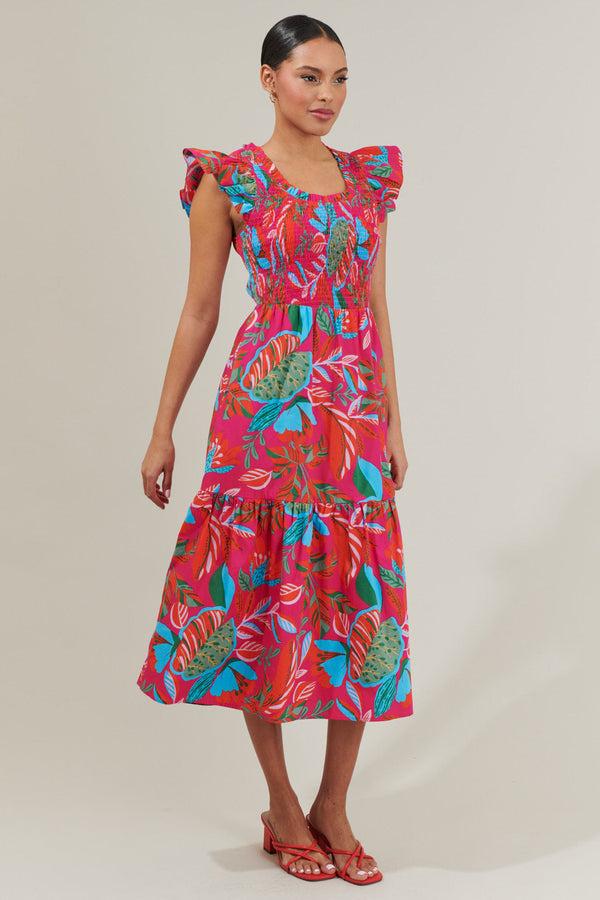 Sugarlips Cactus Blossom Giza Glare Smock Tiered Midi Dress