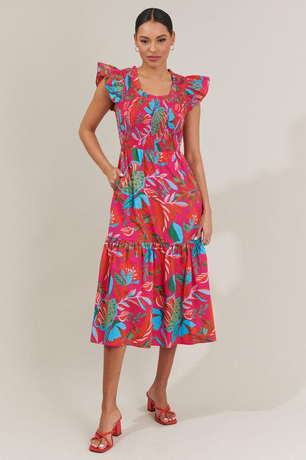 sugarlips Cactus Blossom Giza Glare Smock Tiered Midi Dress