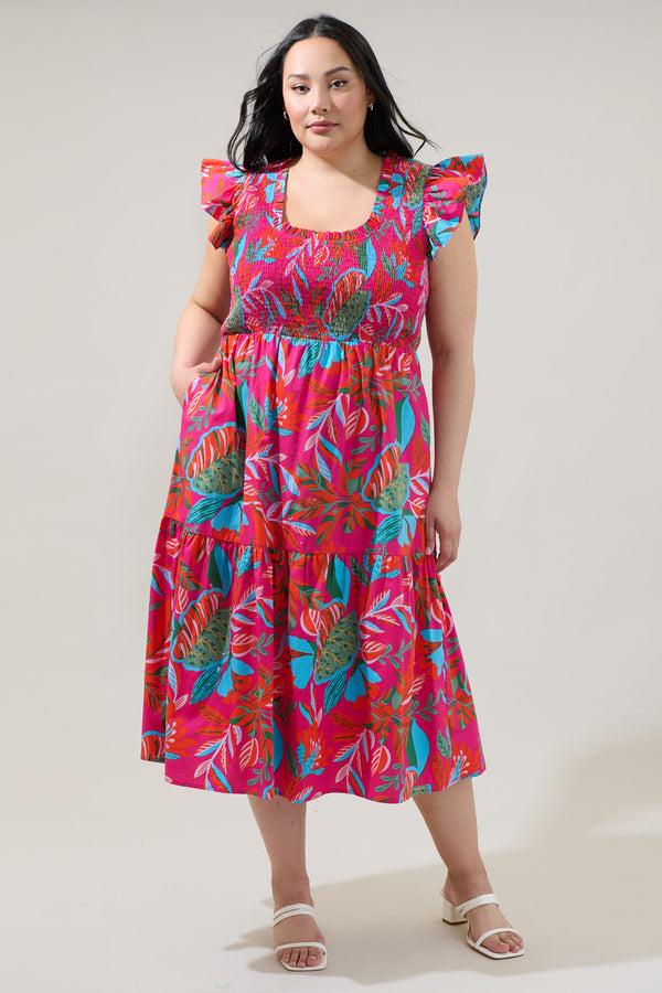 sugarlips Cactus Blossom Giza Glare Smock Tiered Midi Dress Curve