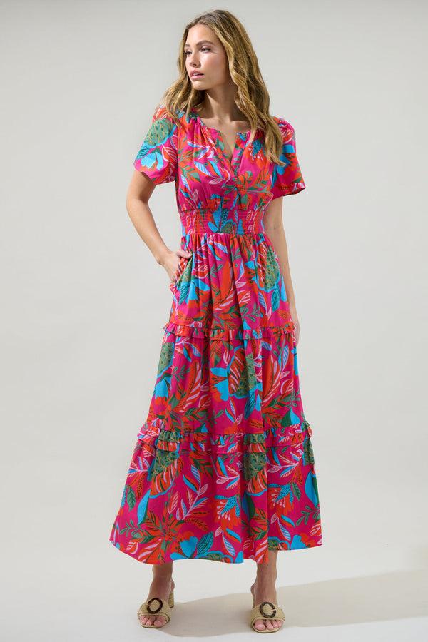 Sugarlips Cactus Blossom Palmer Poplin Tiered Maxi Dress