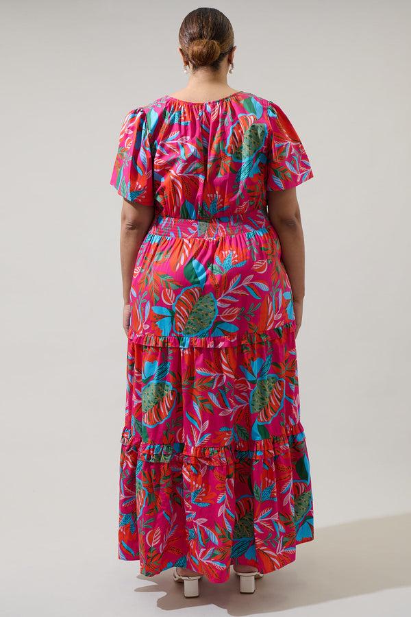Sugarlips Cactus Blossom Palmer Poplin Tiered Maxi Dress Curve