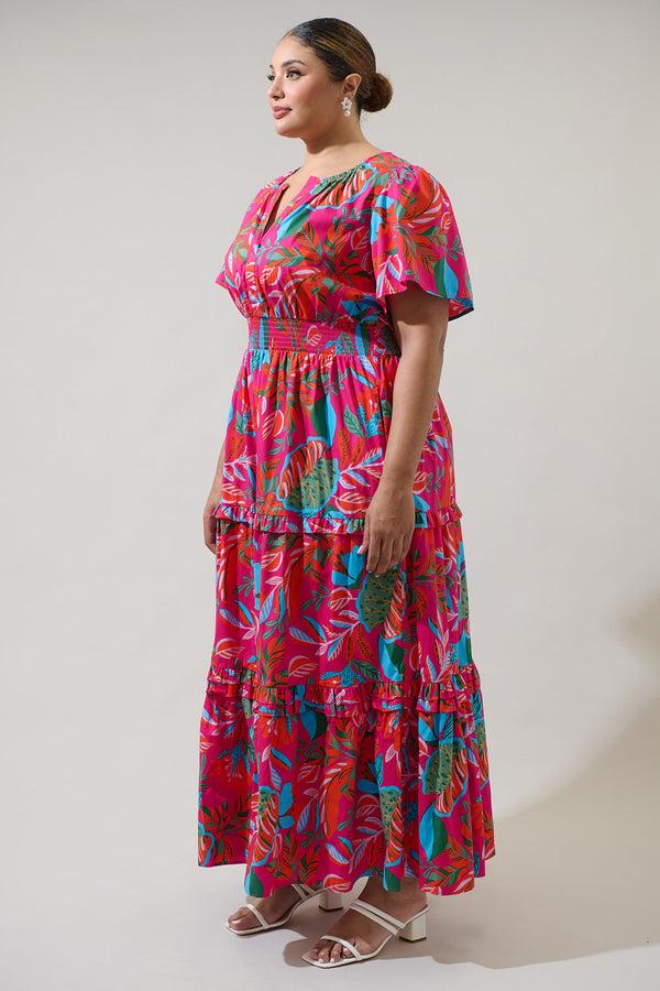 Sugarlips Cactus Blossom Palmer Poplin Tiered Maxi Dress Curve