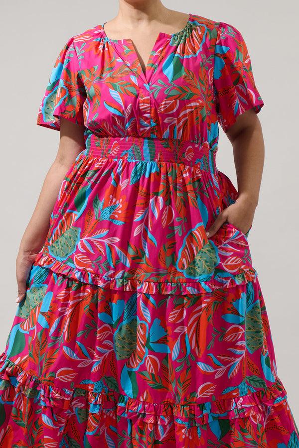 Sugarlips Cactus Blossom Palmer Poplin Tiered Maxi Dress Curve