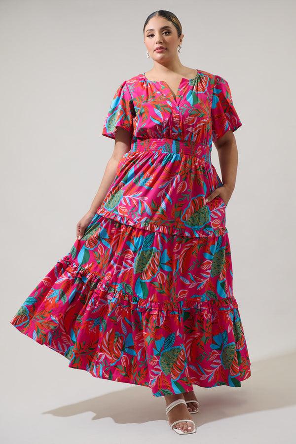 sugarlips Cactus Blossom Palmer Poplin Tiered Maxi Dress Curve