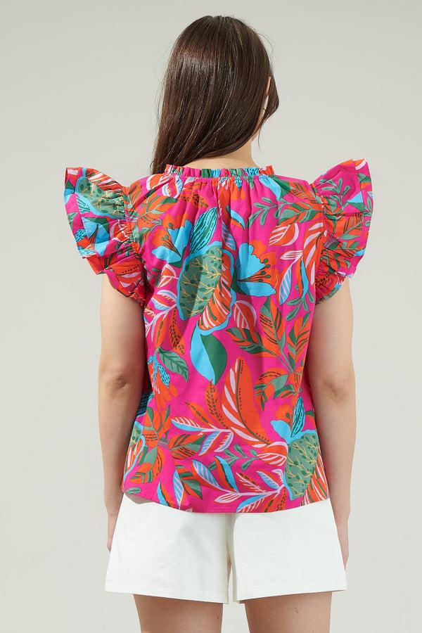 Sugarlips Cactus Blossom Risette Ruffle Cap Sleeve Split Neck Top