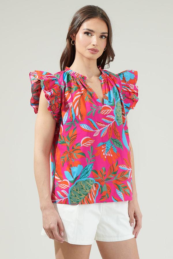 Sugarlips Cactus Blossom Risette Ruffle Cap Sleeve Split Neck Top