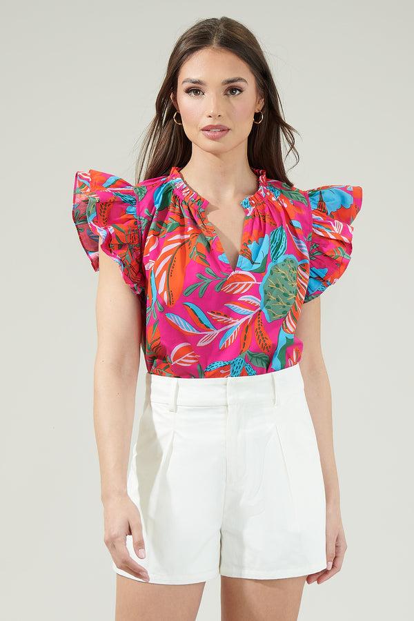 sugarlips Cactus Blossom Risette Ruffle Cap Sleeve Split Neck Top