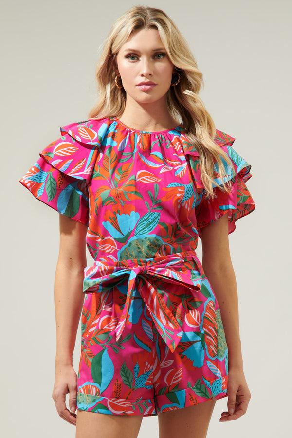 Sugarlips Cactus Blossom Romie Ruffle Sleeve Poplin Top