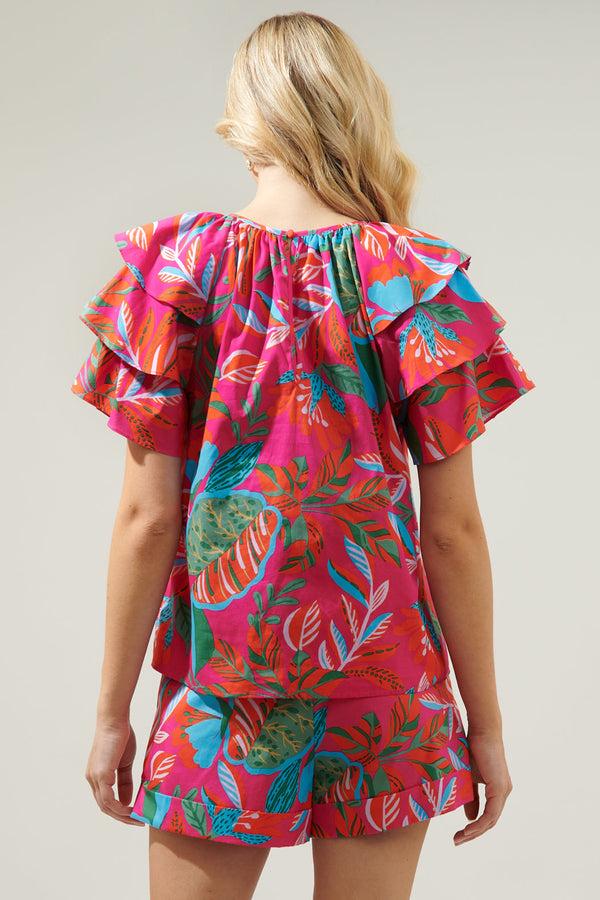 Sugarlips Cactus Blossom Romie Ruffle Sleeve Poplin Top