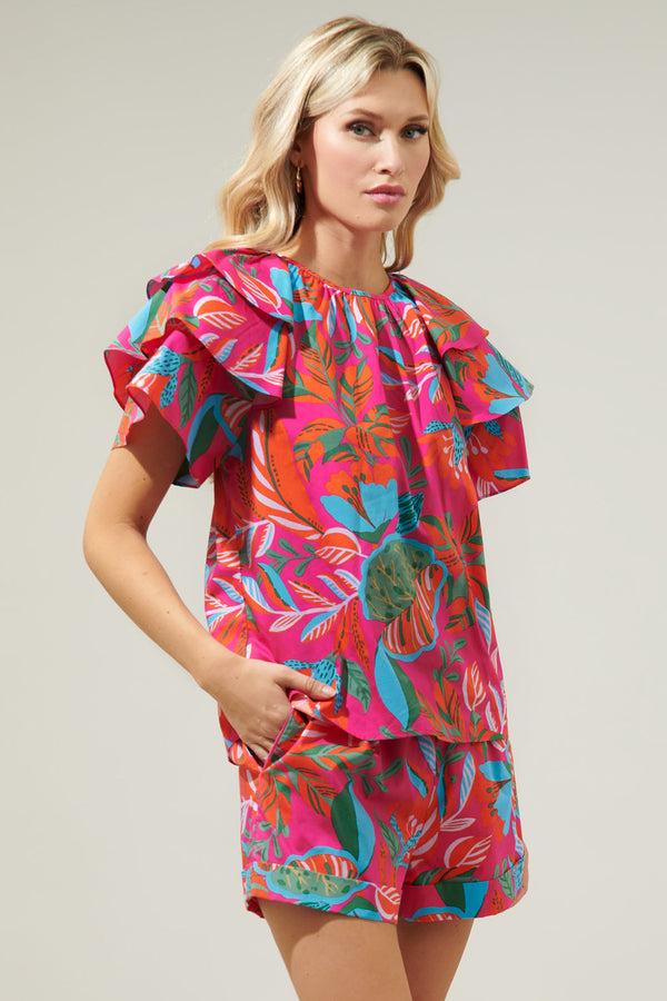 Sugarlips Cactus Blossom Romie Ruffle Sleeve Poplin Top