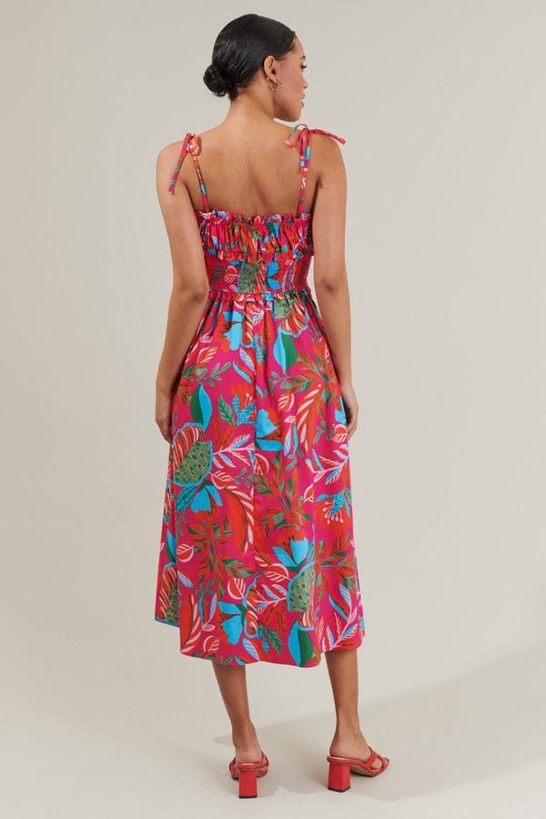 Sugarlips Cactus Blossom Smocked Waist Tie Strap Poplin Midi Dress