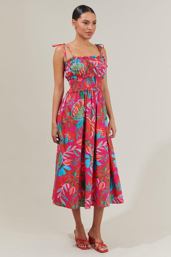 Sugarlips Cactus Blossom Smocked Waist Tie Strap Poplin Midi Dress