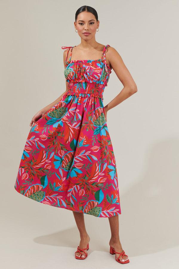 sugarlips Cactus Blossom Smocked Waist Tie Strap Poplin Midi Dress
