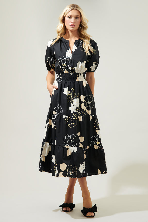 Sugarlips Cairan Rose Hacienda Puff Sleeve Midi Dress