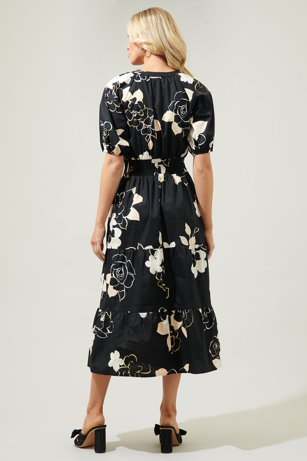 Sugarlips Cairan Rose Hacienda Puff Sleeve Midi Dress