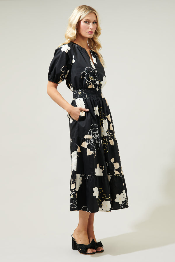 Sugarlips Cairan Rose Hacienda Puff Sleeve Midi Dress