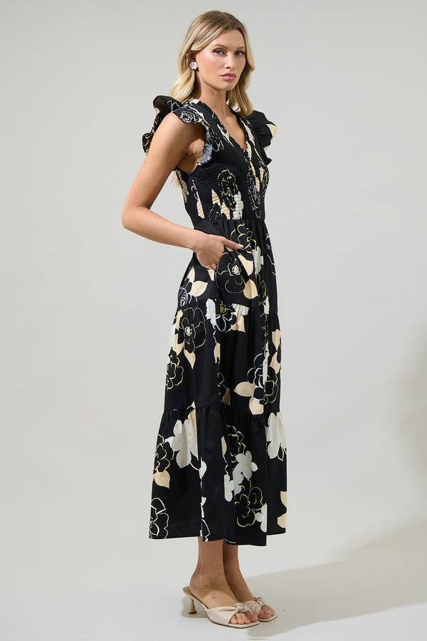 Sugarlips Cairan Rose Sunfire Smocked Bodice Tiered Midi Dress