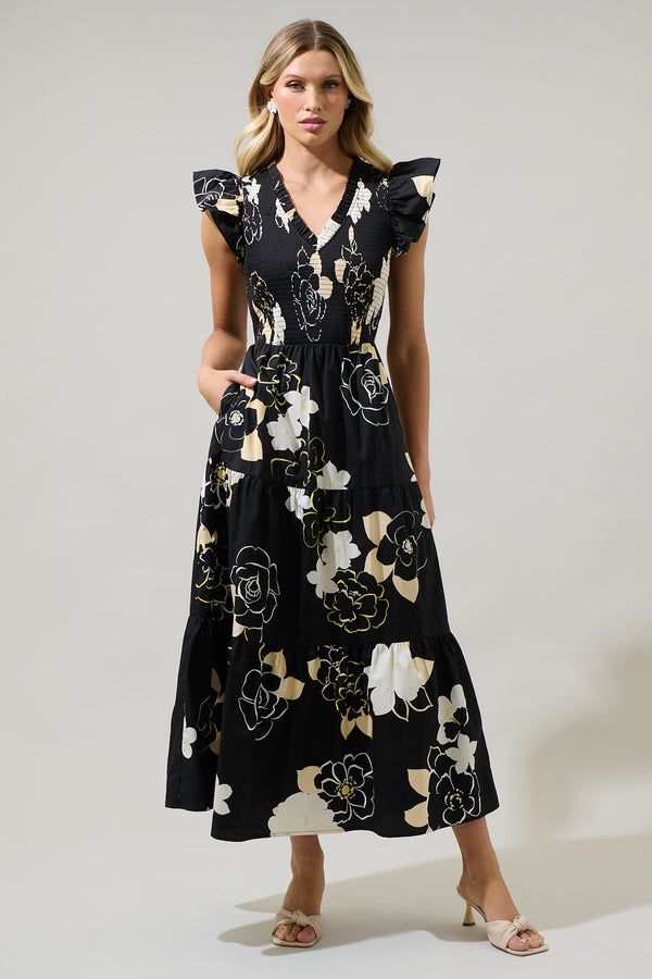 sugarlips Cairan Rose Sunfire Smocked Bodice Tiered Midi Dress