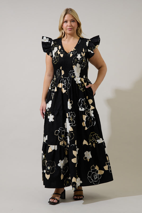 sugarlips Cairan Rose Sunfire Smocked Bodice Tiered Midi Dress Curve