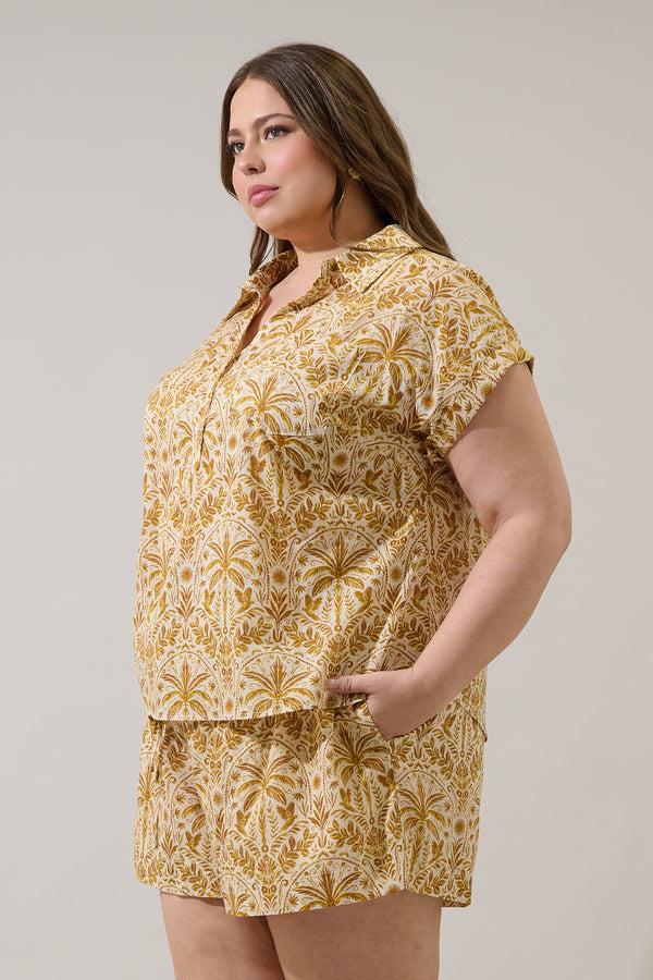 Sugarlips Calina Tropical Cory Collared Button Up Top Curve