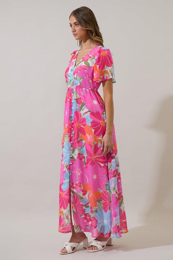 Sugarlips Calista Floral Linana Button Front Maxi Dress