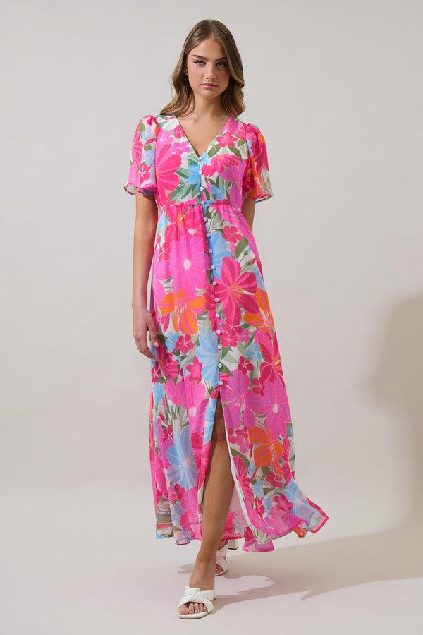 Sugarlips Calista Floral Linana Button Front Maxi Dress