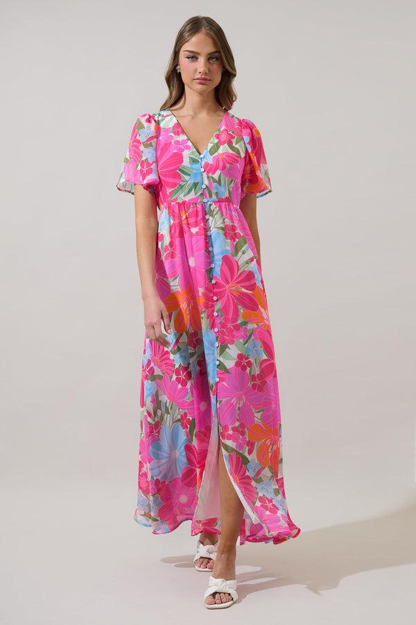 sugarlips Calista Floral Linana Button Front Maxi Dress