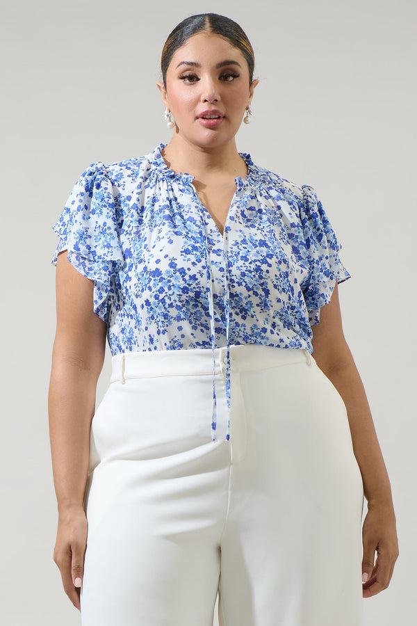 sugarlips Camellia Floral Jewel Split Neck Top Curve