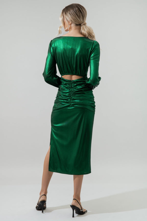 Sugarlips Cannes Liquid Satin Ruched Cut Out Midi Dress