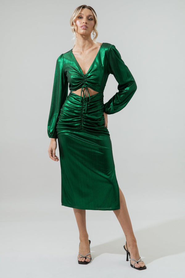 sugarlips Cannes Liquid Satin Ruched Cut Out Midi Dress