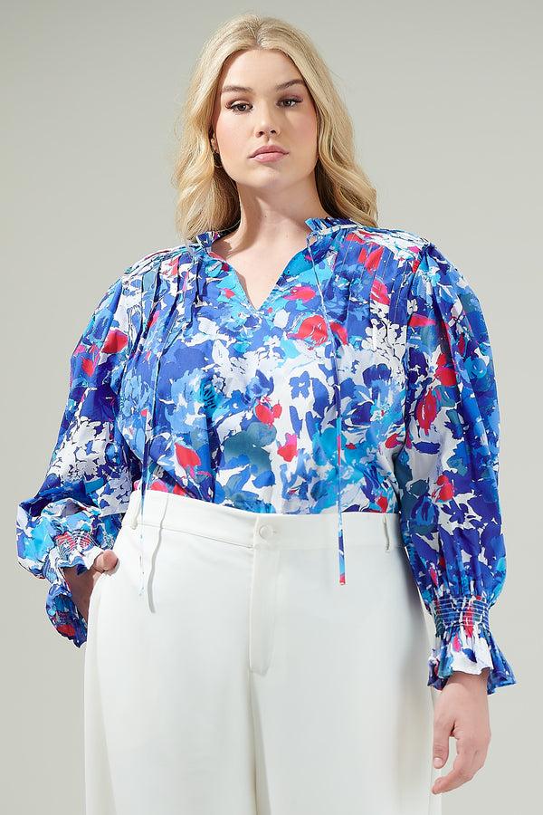 sugarlips Canvas Floral Russo Pleated Long Sleeve Blouse Curve