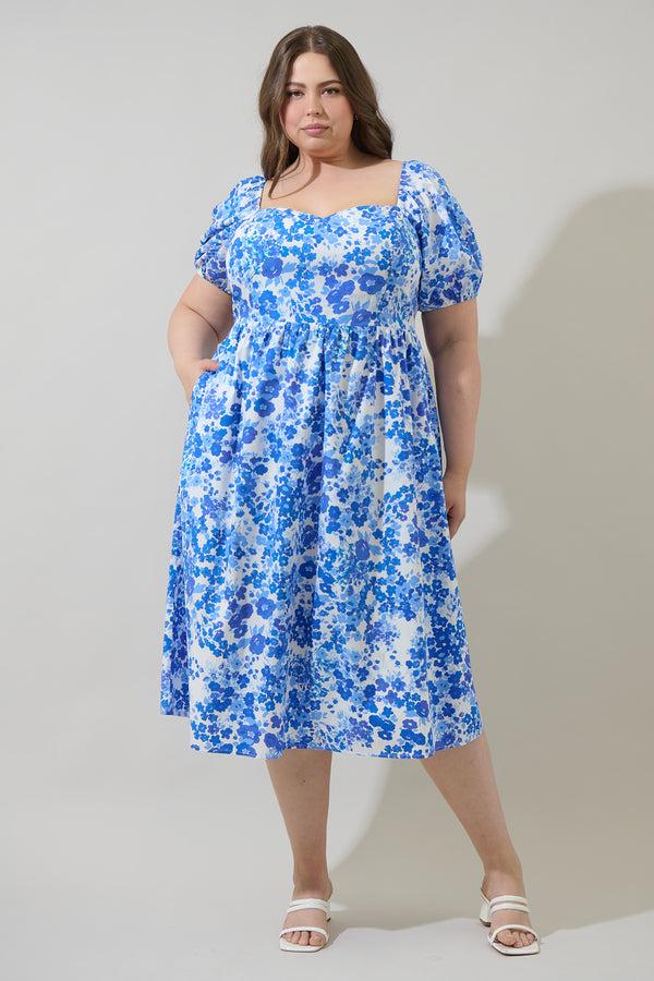sugarlips Carli Floral Alessi Puff Sleeve Midi Dress Curve