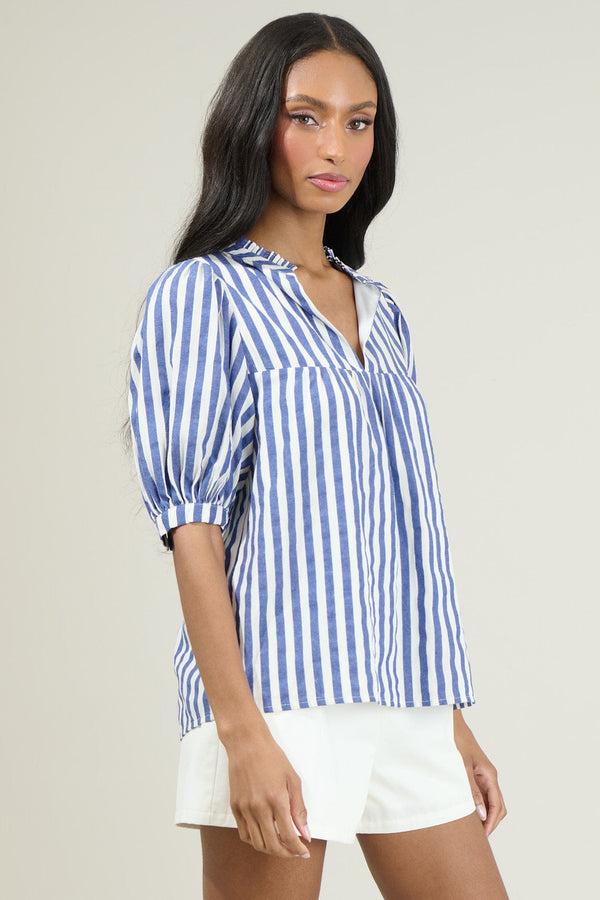 Sugarlips Catana Striped Delano Ruffle Split Neck Blouse