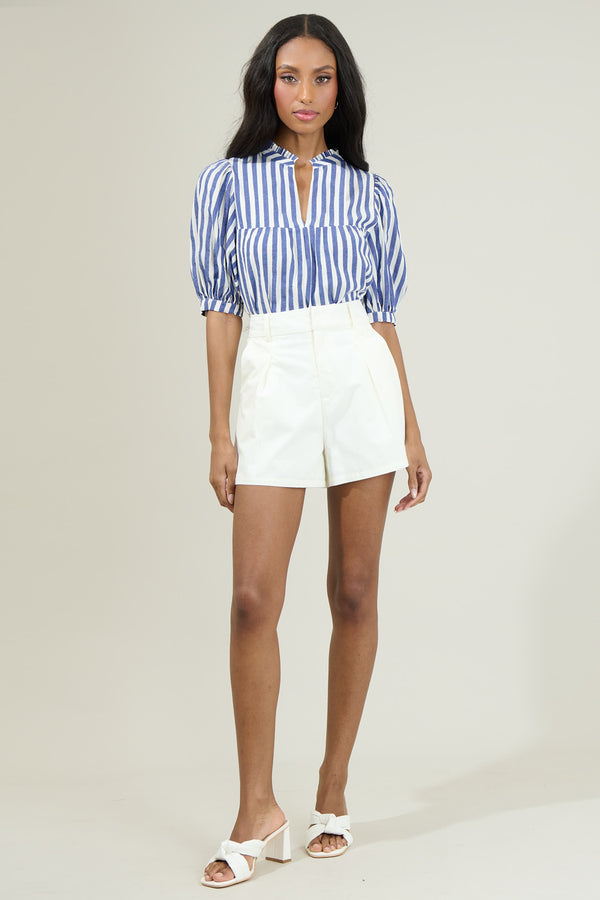 Sugarlips Catana Striped Delano Ruffle Split Neck Blouse