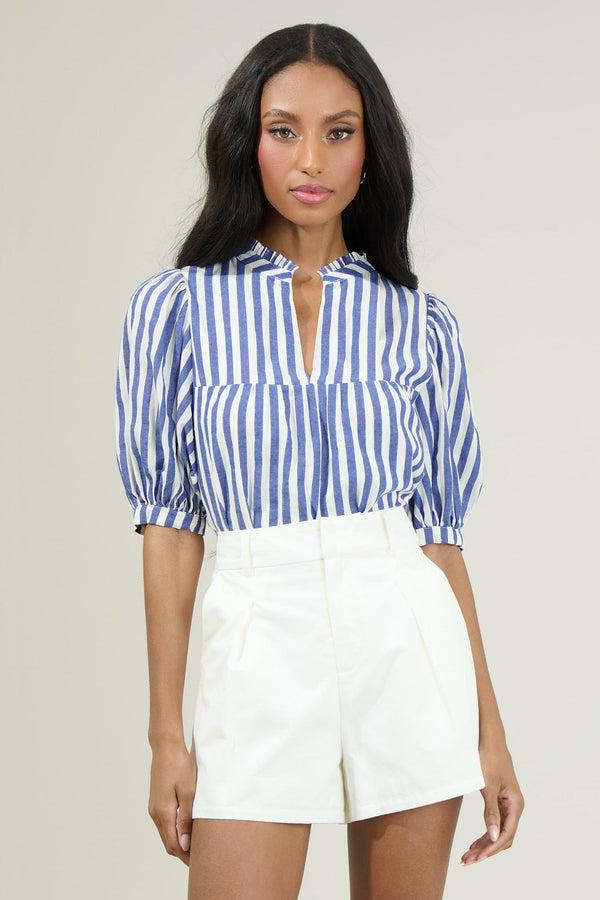 sugarlips Catana Striped Delano Ruffle Split Neck Blouse