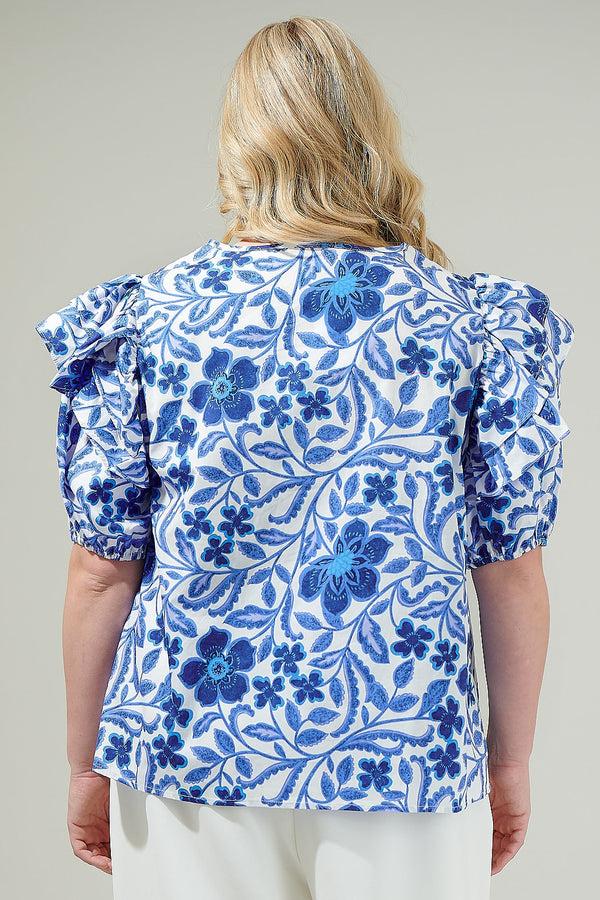 Sugarlips Celeste Floral Flores Poplin Ruffle Short Sleeve Top Curve