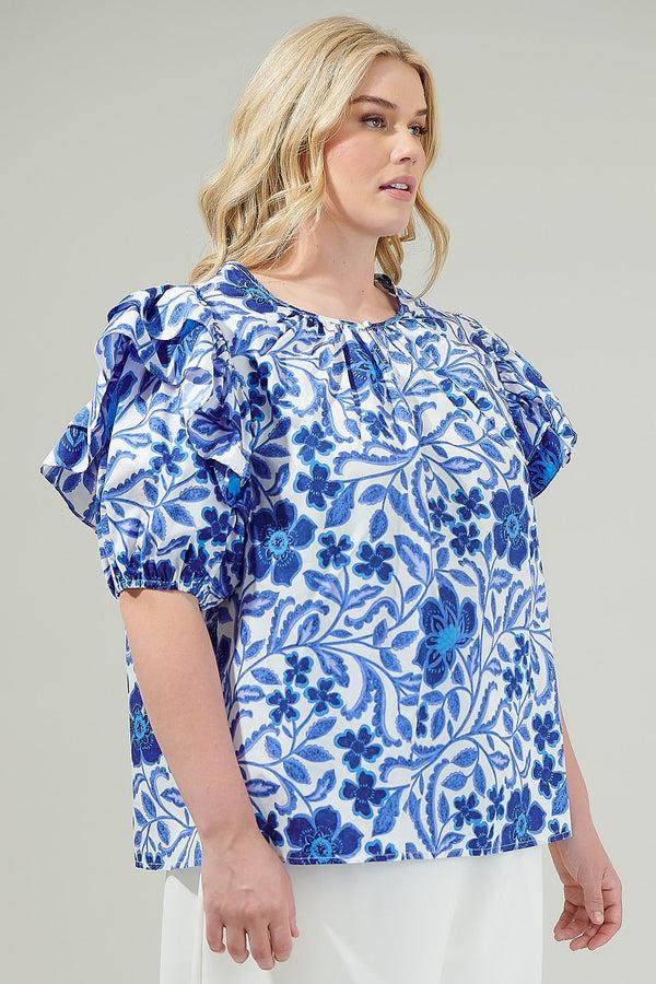 Sugarlips Celeste Floral Flores Poplin Ruffle Short Sleeve Top Curve