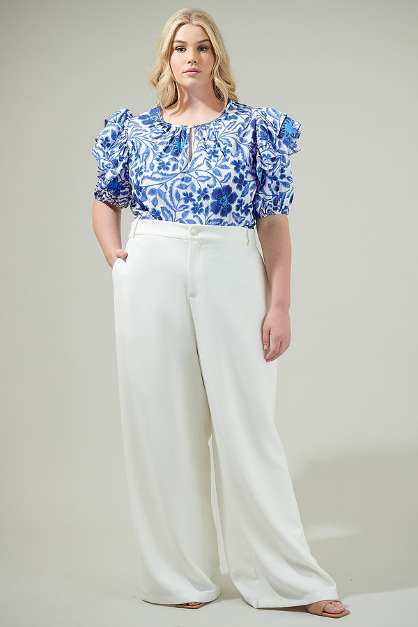 Sugarlips Celeste Floral Flores Poplin Ruffle Short Sleeve Top Curve