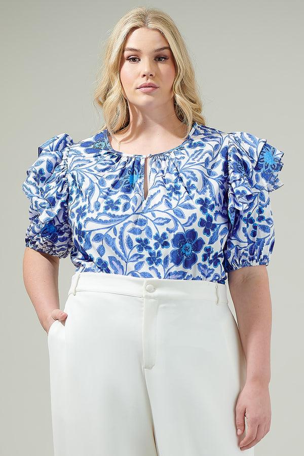 sugarlips Celeste Floral Flores Poplin Ruffle Short Sleeve Top Curve
