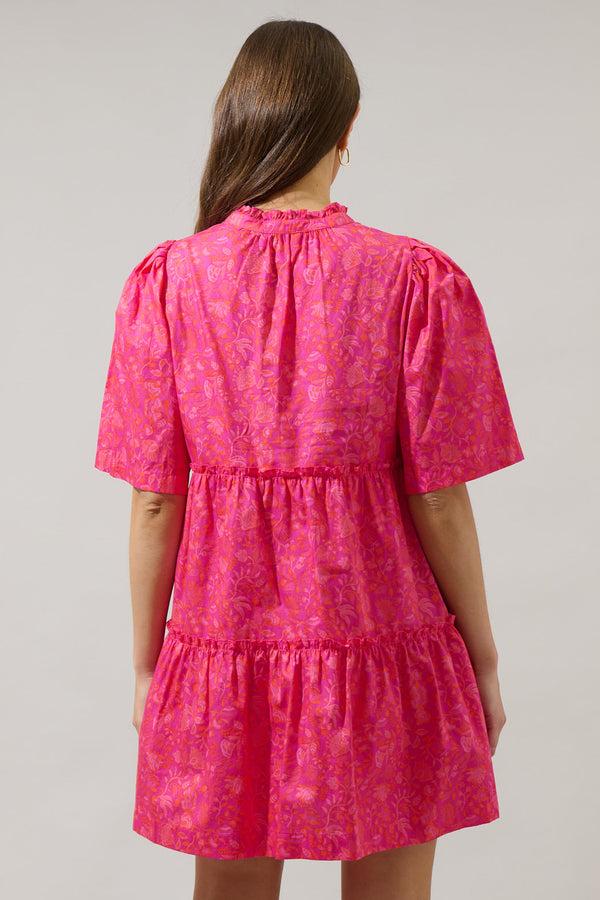 Sugarlips Cerise Floral Dixie Split Neck Shift Dress